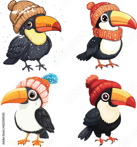 The little Toucan bird is wearing the hat in the winter season vector style on white background