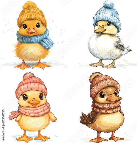 The little Duck bird is wearing the hat in the winter season vector style on white background