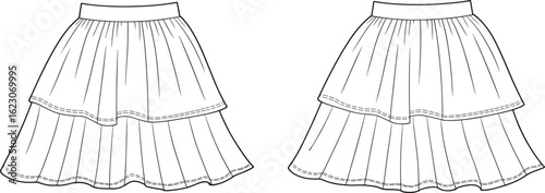  Fashion Apparel CAD Drawing for Women's Clothing Design and Technical Packs, Stylish Ruffled Hem, Digital Vector Illustration