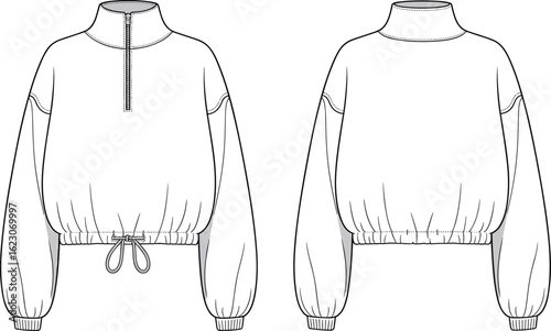 Cropped sweatshirt flat sketch, high neck, half zip, drawstring hem, fashion CAD, vector illustration, technical garment design, trendy apparel