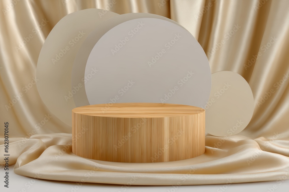 Obraz premium Minimalist beige and wood product display with soft fabric draping and geometric shapes