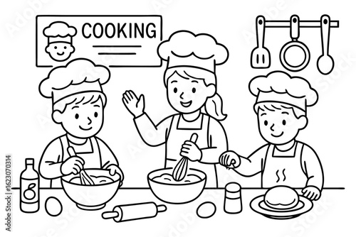 Cooking class coloring page. Line art of children baking and mixing ingredients in chef hats