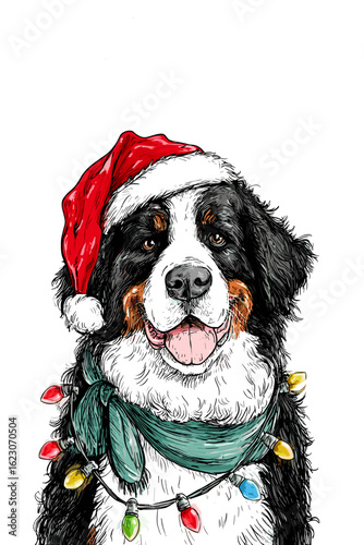 Happy Bernese Mountain Dog wearing Christmas hat and lights  