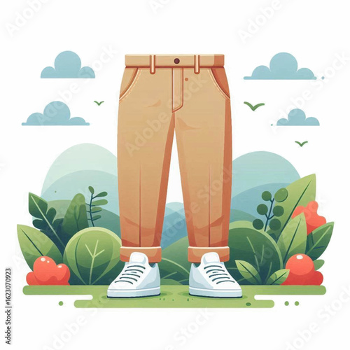 A stylized illustration of brown pants and white sneakers standing in a lush, natural landscape.