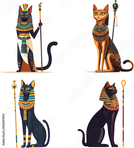 The egyptian cat is standing with magical stick vector style on white background