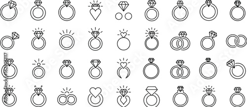  Diamond Wedding Rings, Elegant Engagement Ring Icons Representing Love and Commitment in Classic and Artistic Styles, Perfect for Wedding Invitations and Jewelry Design