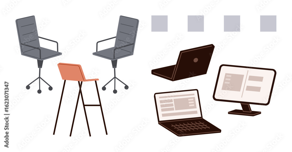 Fototapeta premium Office chairs with wheels, an elevated chair, two laptops, and a desktop monitor highlighting modern work settings. Ideal for productivity, flexibility, remote work, ergonomics, teamwork design