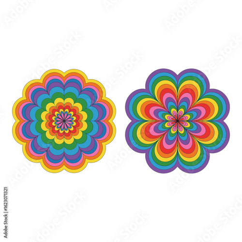 Two rainbow colored flowers on white background design