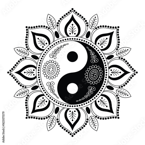 Yin yang symbol in floral mandala on white background