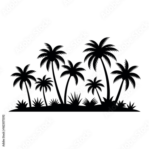 Black silhouette of a tropical island with palm trees and plants beach