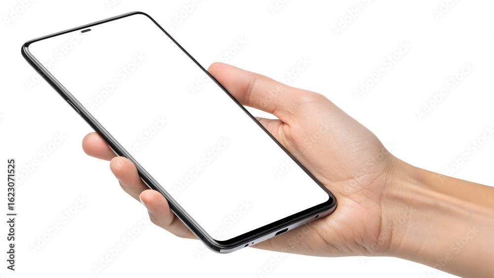 Stock photo of hand holding mobile phone with blank screen for app ui ux design mockup template Stock photo of hand holding mobile phone with blank screen for app ui ux design mockup template