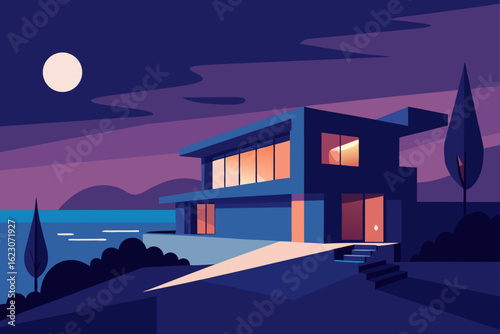 Modern architectural house with large windows illuminated by warm light at dusk by the sea with a full moon
