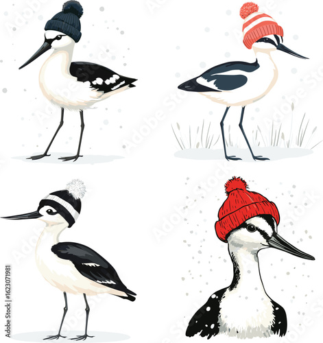 Avocet bird is wearing the hat in the winter season vector style on white background 
