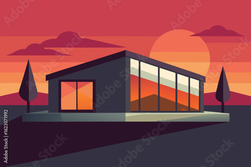 Modern minimalist house with large windows reflecting a vibrant sunset and rolling hills at dusk