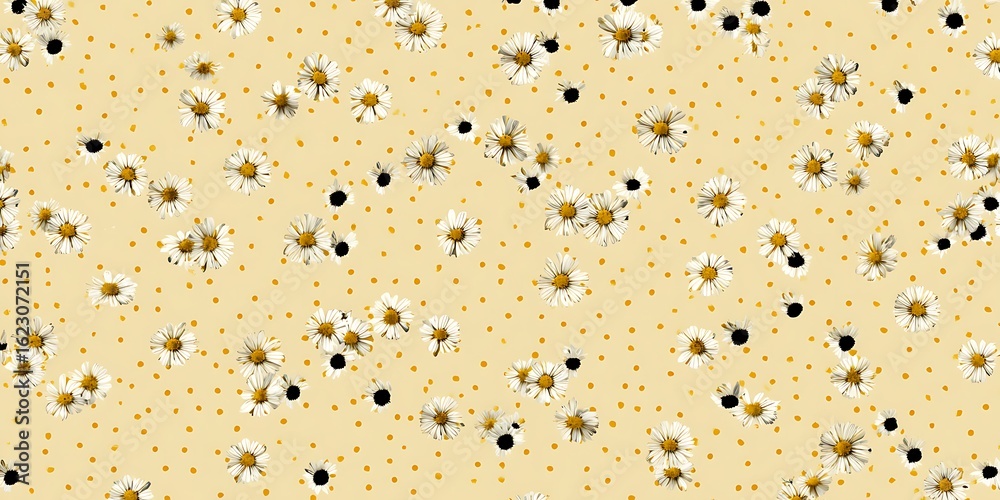 A light yellow background with scattered small white daisies and dots A light yellow background with scattered small white daisies and dots