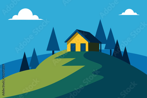 A charming yellow house with a dark blue roof sits on a grassy hill surrounded by stylized trees under a bright blue sky with fluffy white clouds