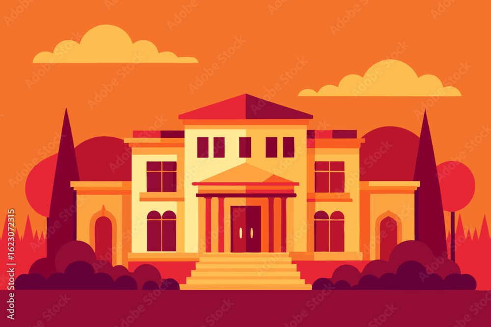 Obraz premium Stylized flat design of a grand building with columns and a portico under a warm orange sky with clouds