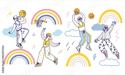 Colorful Urban Basketball Illustration Set – Funky Streetwear Style with Rainbows & Positive Vibes