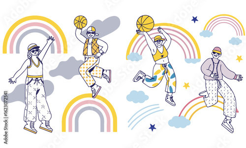 Colorful Urban Basketball Illustration Set – Funky Streetwear Style with Rainbows & Positive Vibes
