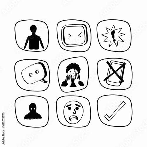 Vector icon set about social anxiety and emotional discomfort. Clean flat design with pastel colors. Editable 9-icon collection for mental health, introversion, fear of communication and isolation.