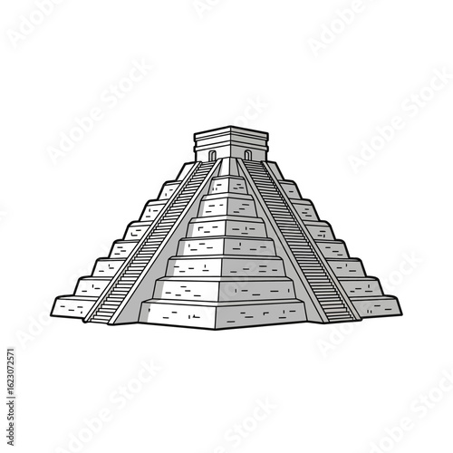 Outlined Majestic Mayan Pyramid with Stairways