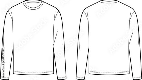 Blank White Long Sleeve T-Shirt Template, Front and Back View, Classic Crew Neck Design, Casual Apparel Mockup, Basic Garment Illustration for Fashion Design, Plain Tee, Comfortable Everyday Wear.