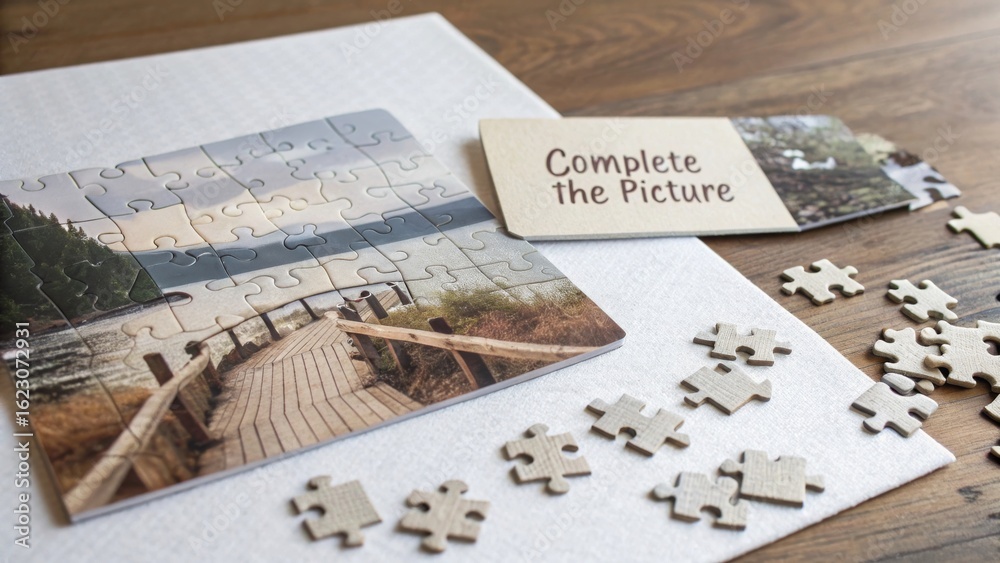 Naklejka premium Wooden Puzzle Completion with Nature Scene and Text Instruction Card