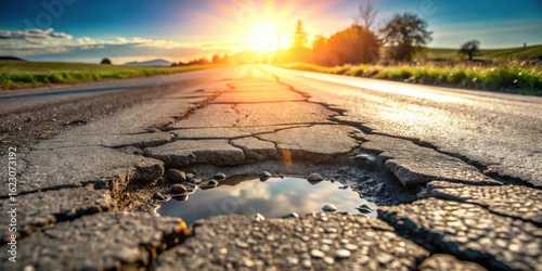 A sun-drenched rural road reveals significant cracks and a sizable pothole reflecting the vibrant sunset sky