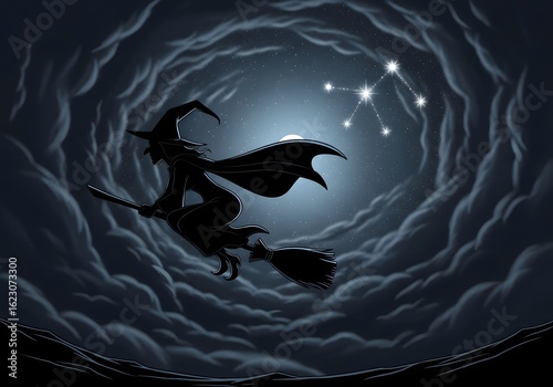 Astrological witch silhouette flying on a broomstick at night