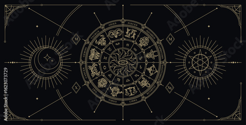 Zodiac wheel art illustration. Astrology Horoscope wheel circle with zodiac signs. Mystery and esoteric style vector illustration. Horoscope Witchcraft  calendar wheel chart vector .