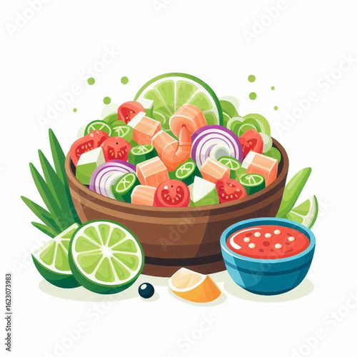 A vibrant illustration of a fresh seafood ceviche bowl with shrimp, fish, vegetables, and lime.