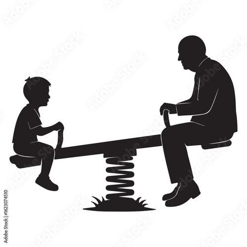 Grandfather and Child Playing on Seesaw – Generation Gap Silhouette Vector

