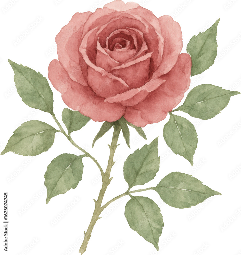 Fototapeta premium Watercolor painting of a single pink rose with green leaves and stem floral