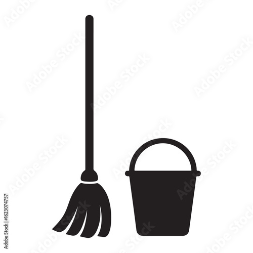 Mop and bucket cleaning equipment vector silhouette isolated on white background