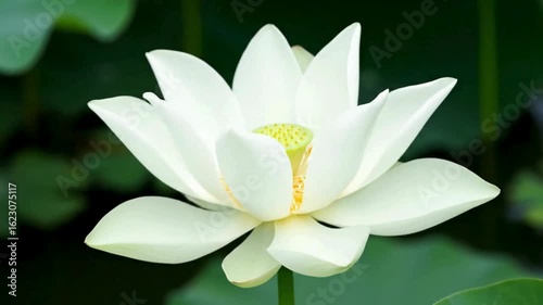 Time lapse of a white lotus flower blooming in the pond	

