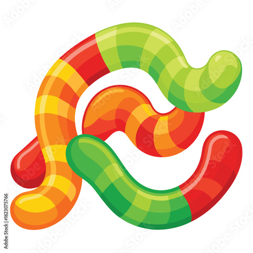 Colorful gummy candy worms against a white background.
