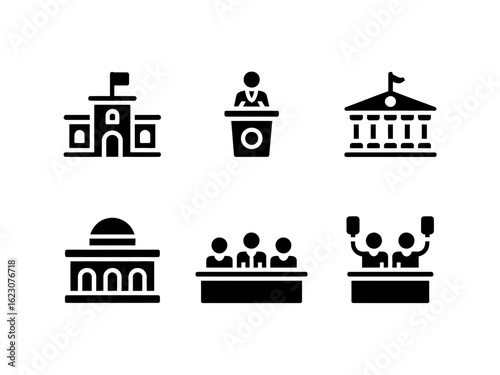 Collection of government and civic building icons silhouette isolated on white background