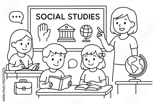 Social studies class coloring page. Line art of children learning geography and history in school classroom