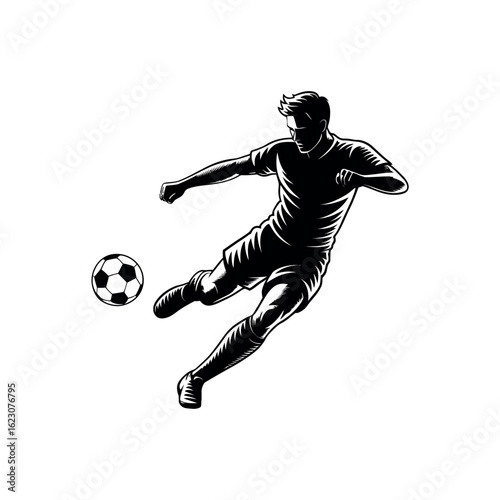 Black and white illustration of a soccer player kicking a ball football 2