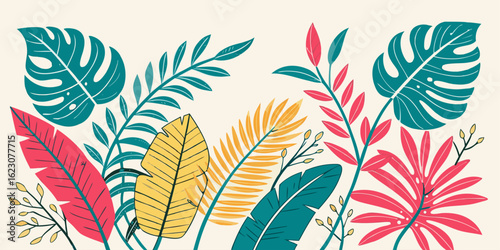 A joyful, colorful design featuring various tropical leaves in teal, pink, and yellow tones on a light beige background.