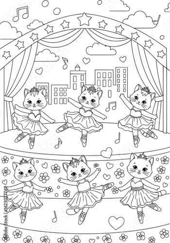 dancing kittens on stage. coloring book