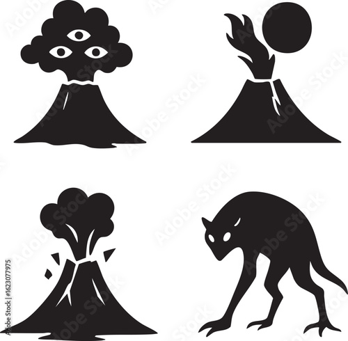 Four black silhouette icons depict volcanic activity and a mythical creature