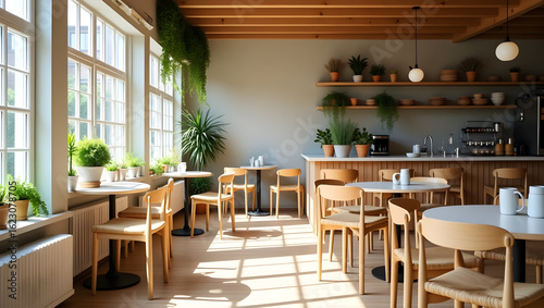 Captivating Scandinavian-Style Caf, Interior with Warm Wood Accents and Natural Light Showcasing Inviting Ambiance