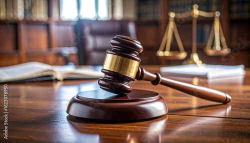 Judge's gavel resting on a polished courtroom table