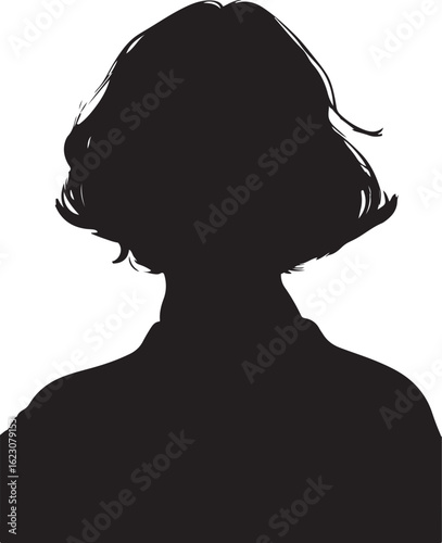 A black silhouette of a person from the shoulders up with a bob haircut