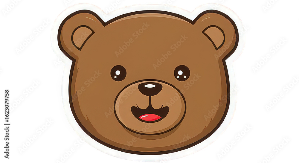 Fototapeta premium Illustration of a cartoon brown bear head with small ears and a cute smiling expression on a white background