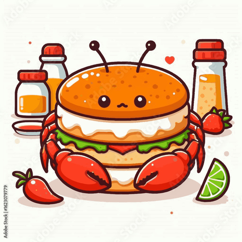 A cute cartoon crab burger character with claws, antennae, and a sweet face, surrounded by condiments.