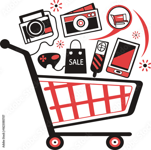 Dynamic Shopping Cart Illustration with Electronics and Gadgets for Black Friday and Cyber Monday Holiday Sales