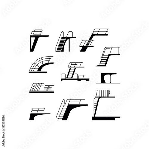 Collection of black and white diving board and platform icons diving platform swimming pool
