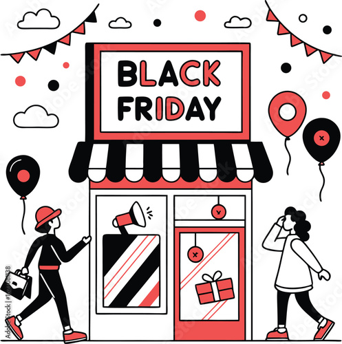 Black Friday Shopping Illustration with Modern Storefront and Shoppers in Red, Black, and White Theme for Holiday Sales